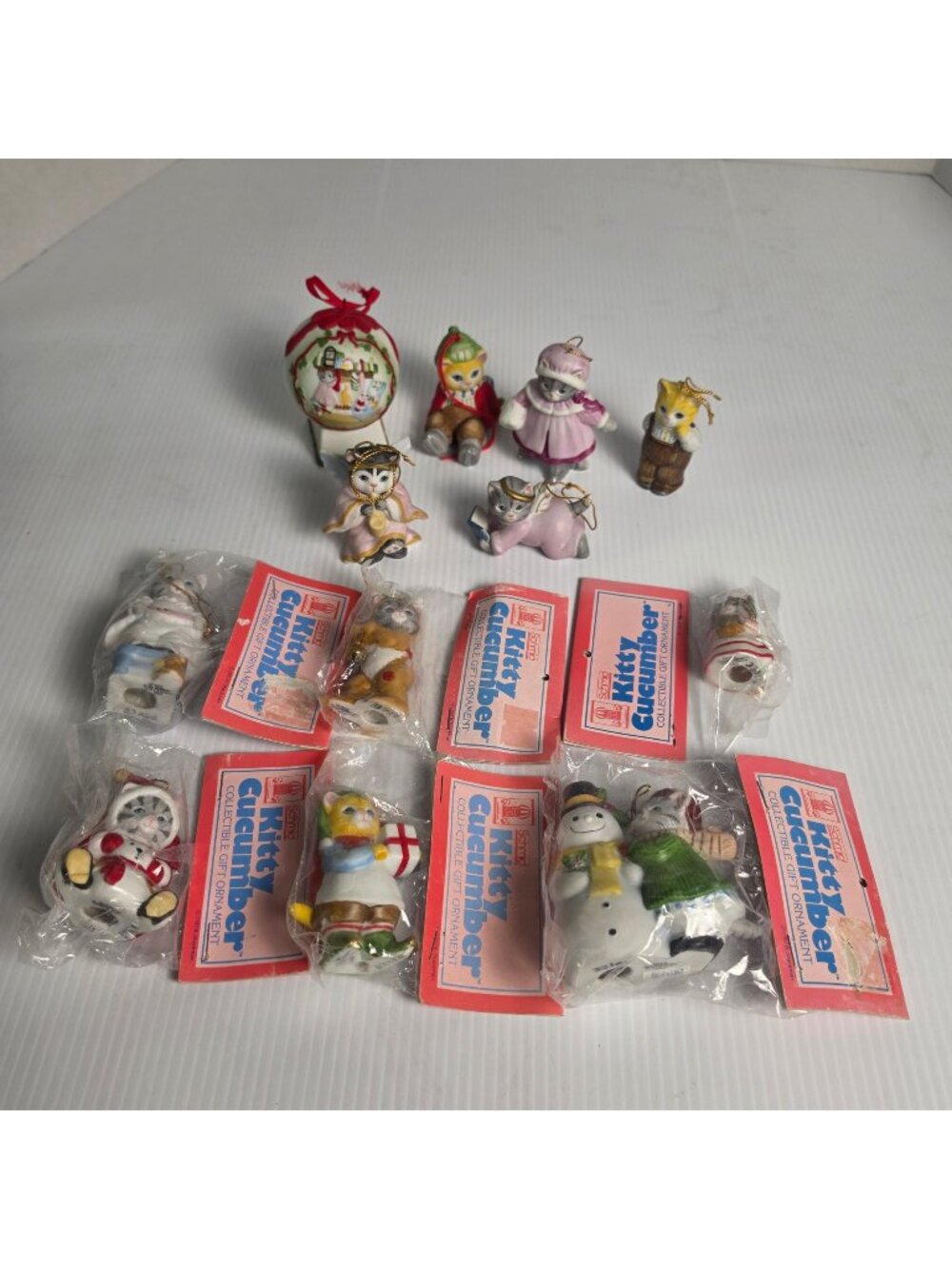 LOT OF 12 VINTAGE KITTY CUCUMBER CHRISTMAS ORNAMENTS FIGURINES SCHMID B SHACKMAN